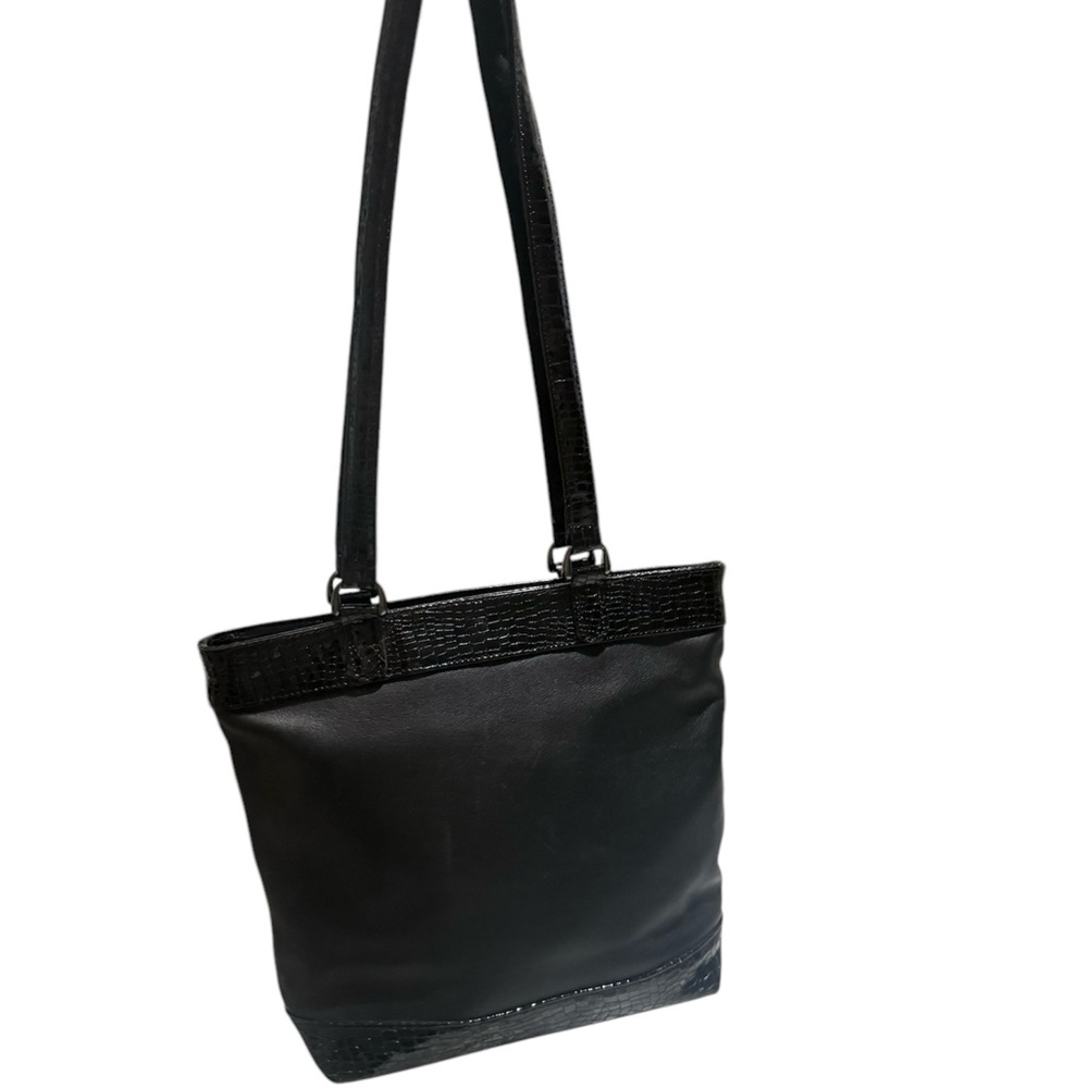 SAS Black Leather Handbag Purse Tote Patent Embossed Details Double Handles
